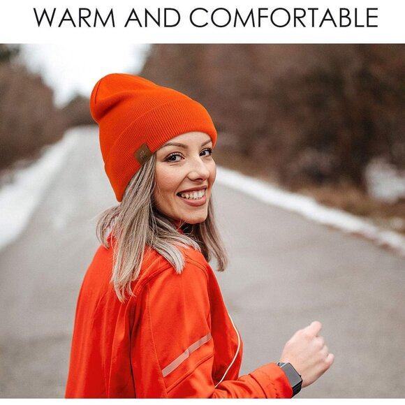 Men and Women Orange Acrylic Stretchy Daily Knit Warm Winter Beanie Hats - Picture 3 of 7